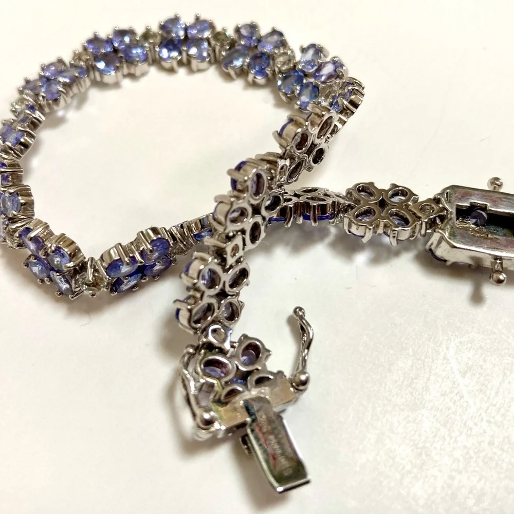 Elegant 925 Sterling Silver Tanzanite & Diamond Chip Floral Bracelet - Picture 5 of 6